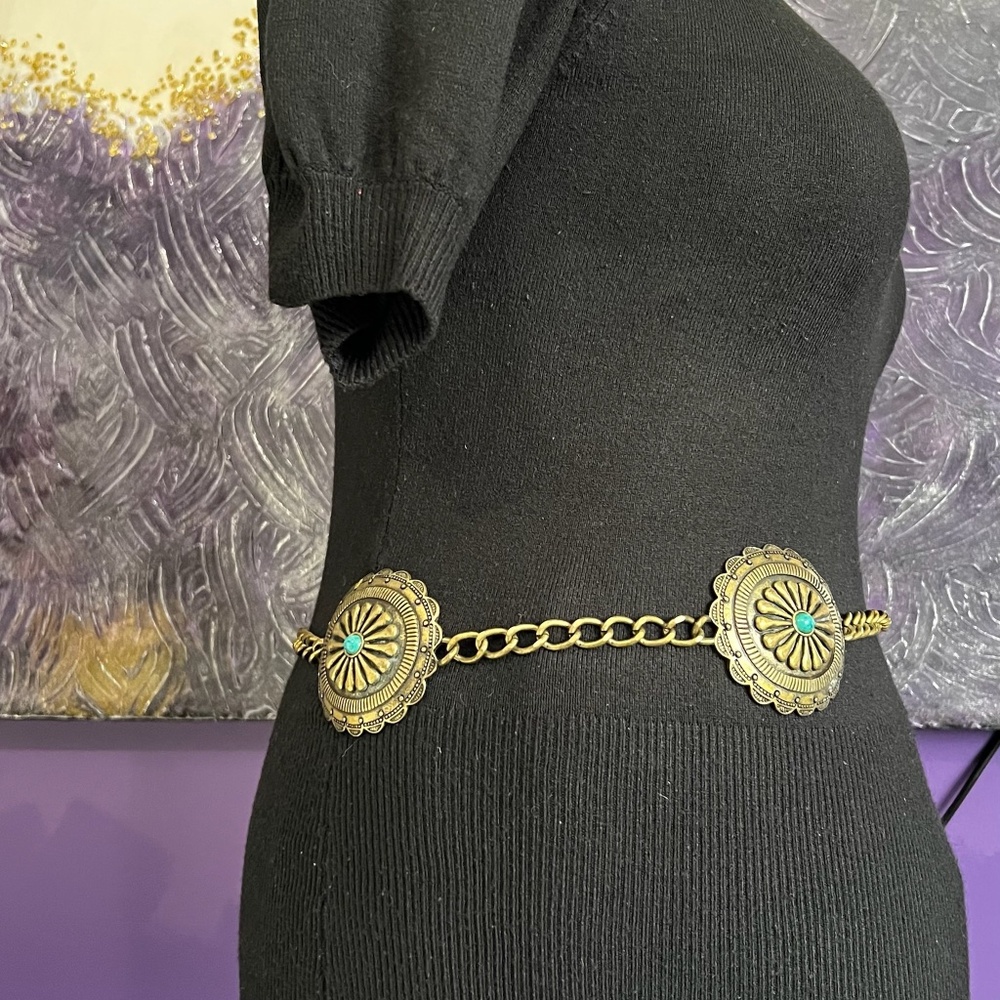 Vintage Antique Brass Tone Concho Belt - Picture 2 of 10